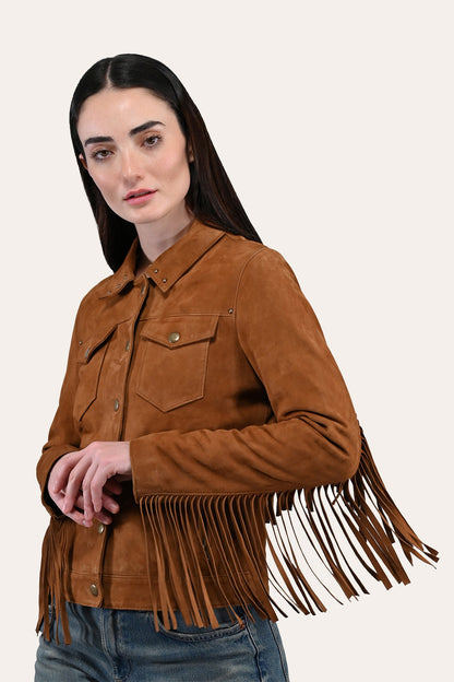 Women’s Medium Brown Nash Fringed Suede Trucker Jacket Medium Brown - Frye