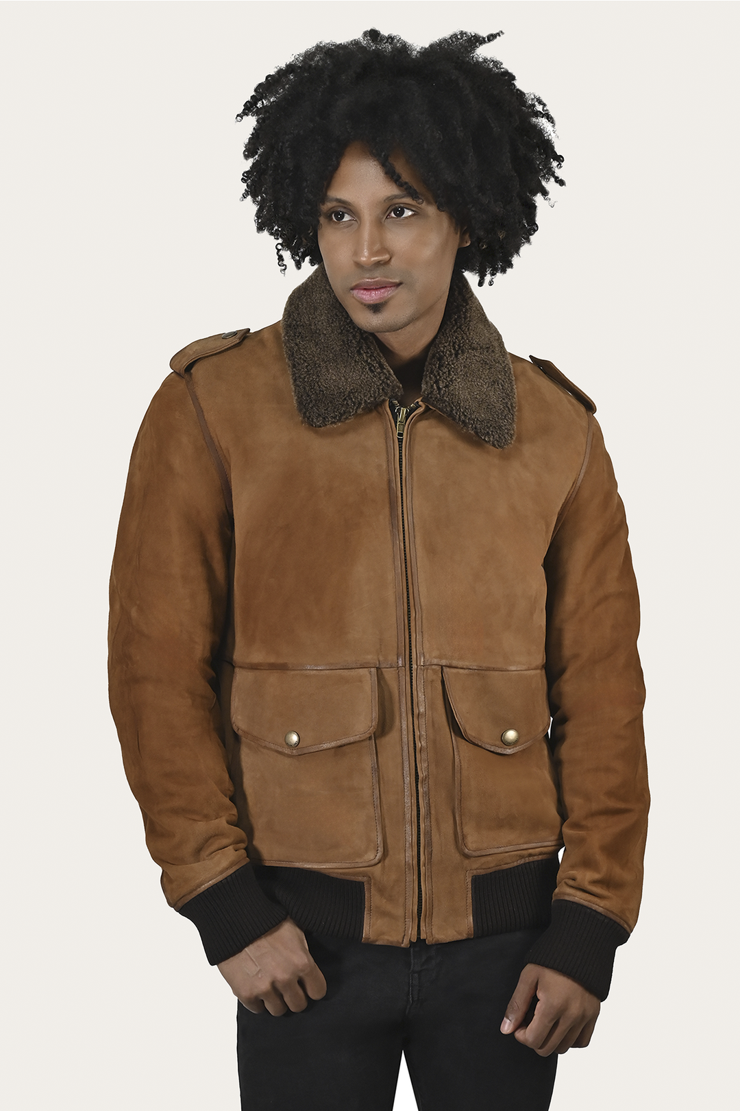 Men’s Middle Brown Jethro Shearling Flight Suede Jacket Middle Brown - Frye