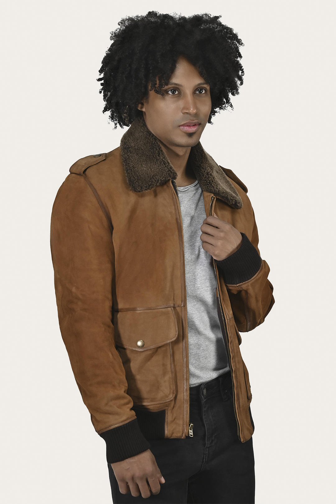 Men’s Middle Brown Jethro Shearling Flight Suede Jacket Middle Brown - Frye