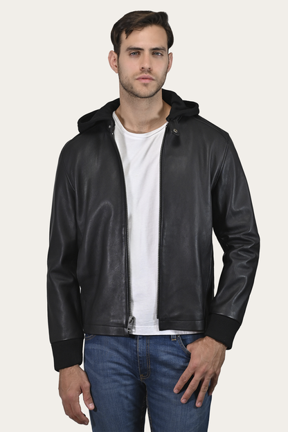 Men’s Black Saddle Racer Leather Hooded Jacket Black - Frye
