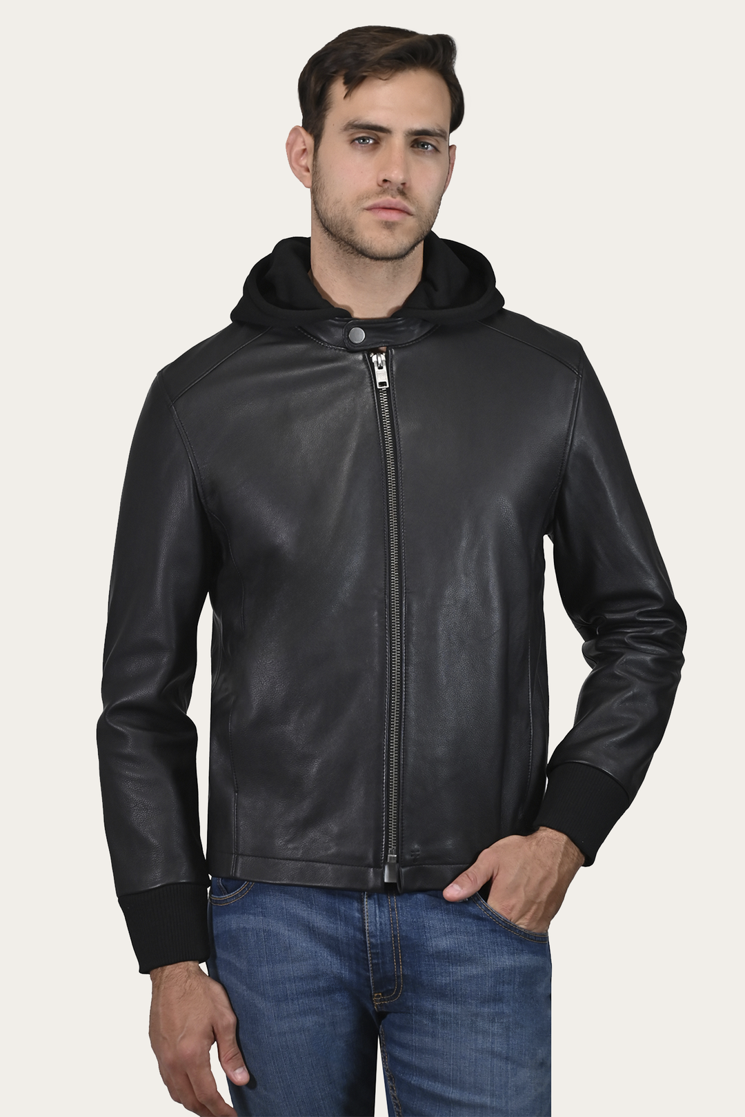 Men’s Black Saddle Racer Leather Hooded Jacket Black - Frye