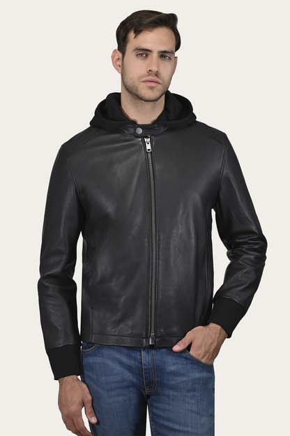 Men’s Black Saddle Racer Leather Hooded Jacket Black - Frye