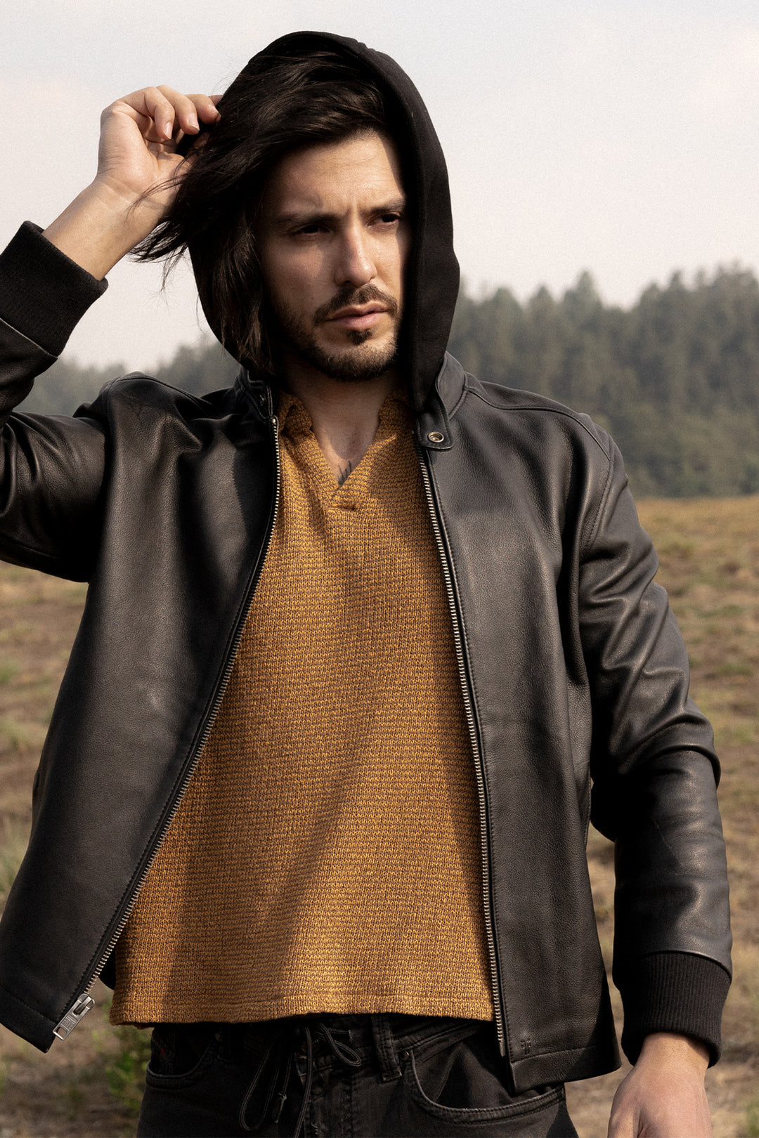 Men’s Black Saddle Racer Leather Hooded Jacket Black - Frye