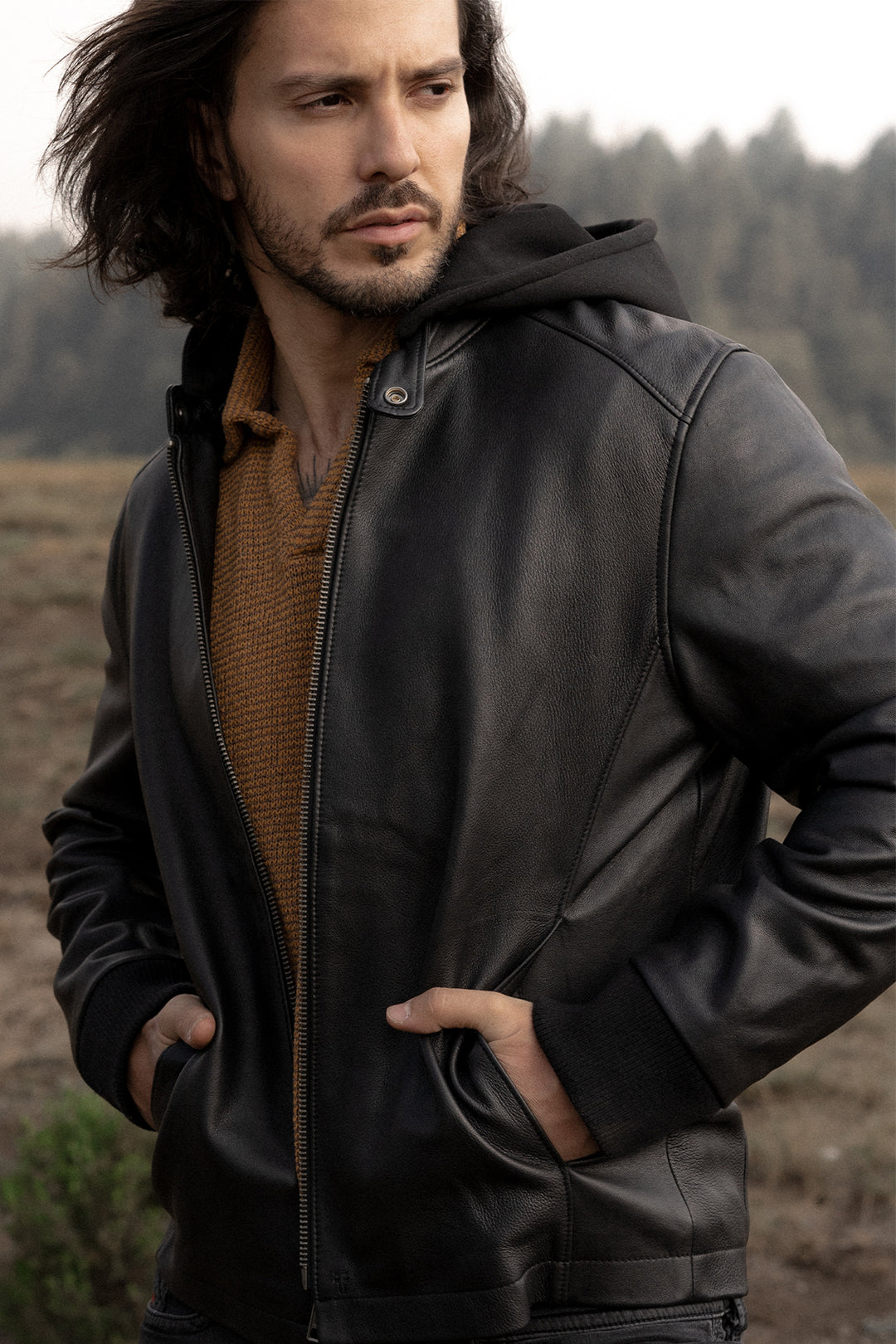 Men’s Black Saddle Racer Leather Hooded Jacket Black - Frye
