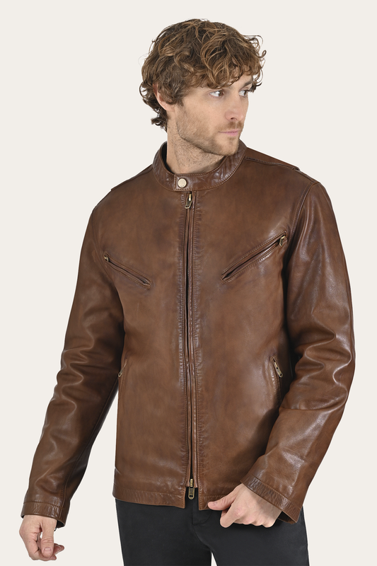 Men’s Tobacco Huck Cowhide Racer Leather Jacket Tobacco - Frye