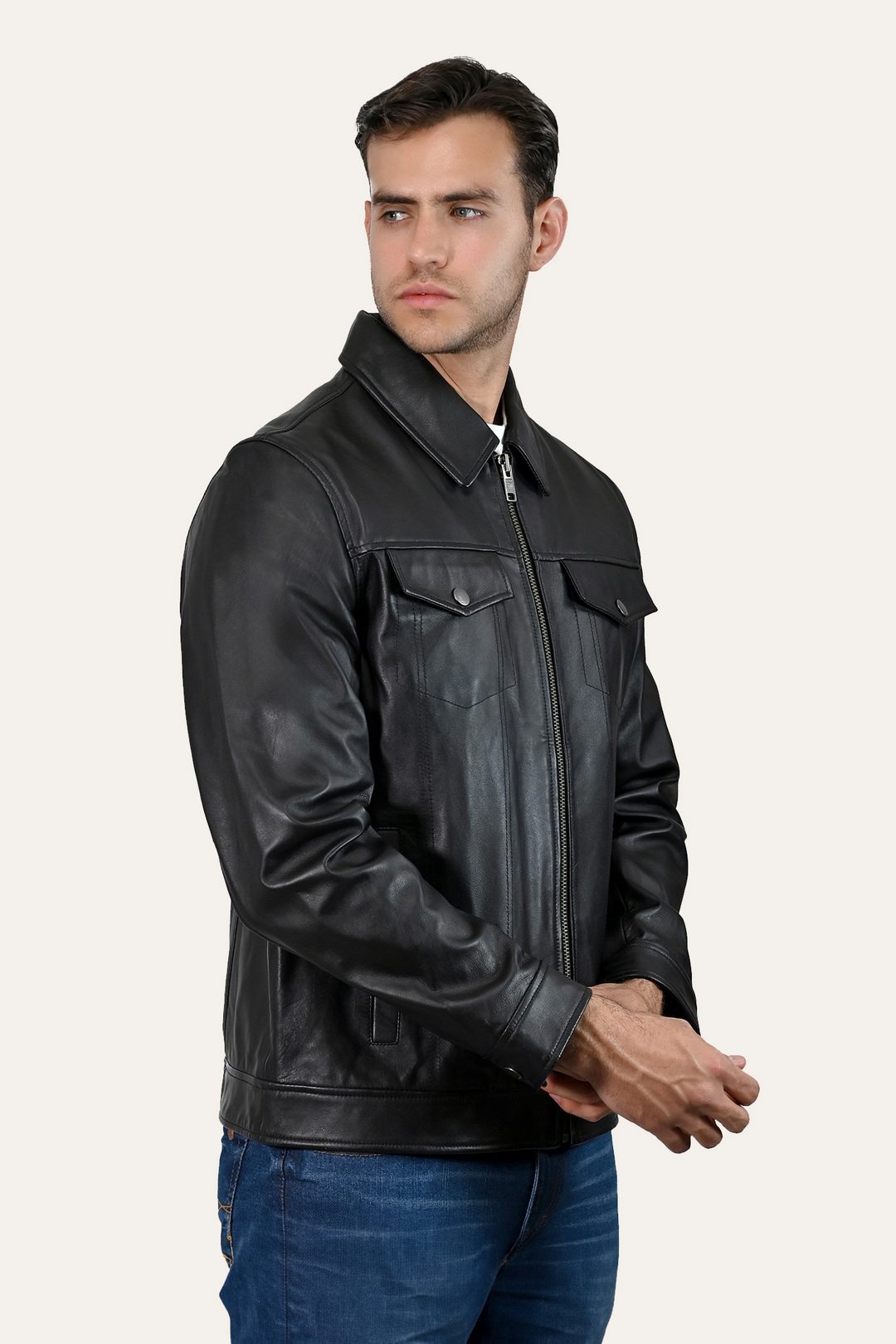 Men’s Black Durango Trucker Leather Jacket Black - Frye